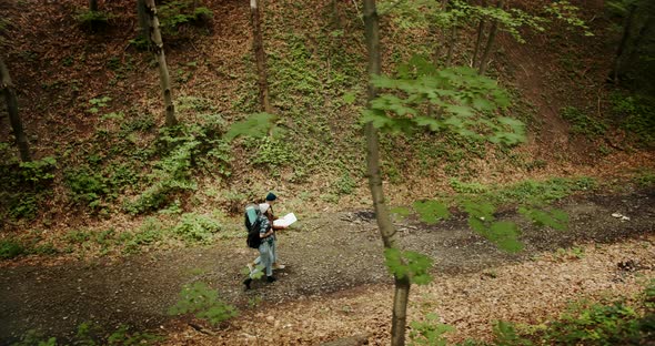 Couple of Hikers Walking in Forest High Angle View