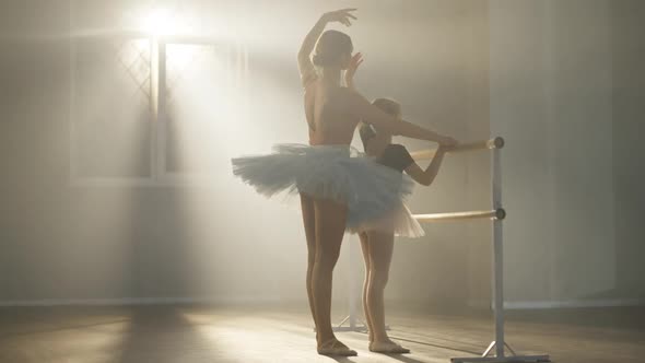 Side View of Young Ballet Teacher and Little Student Moving Hands in Slow Motion Standing at Ballet alt