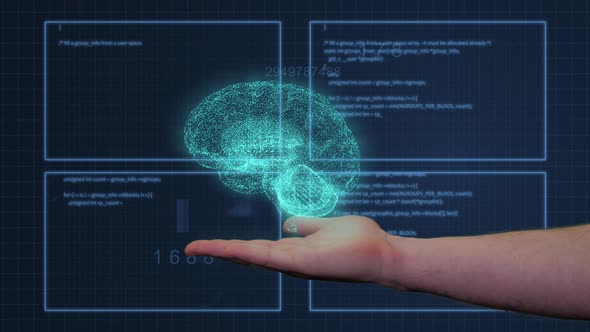Digital Brain Hologram Appears Above Male Hand With Hud Background 