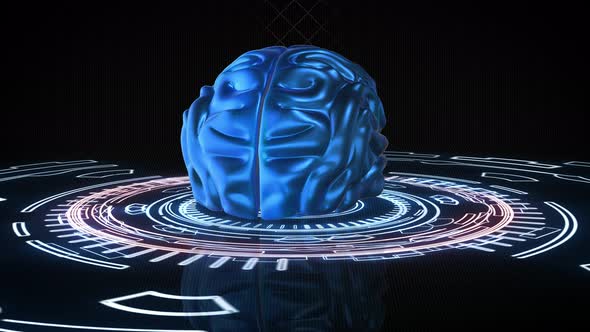 Brain Rotation In Data Flow On An Electronic Platform. Looped Abstract Animation alt