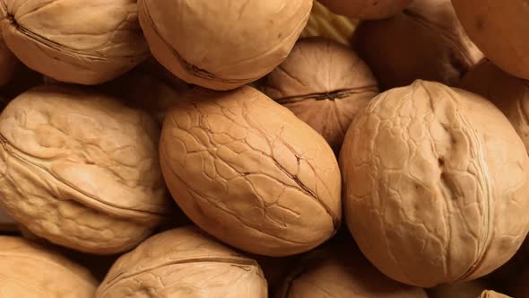Close up. Top view. Lots walnut rotating. Zero waste vegan, Healthy food