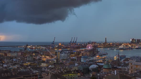 Evening Timelapse of Genoa Port with Thunderstorm and Lighting Italy alt