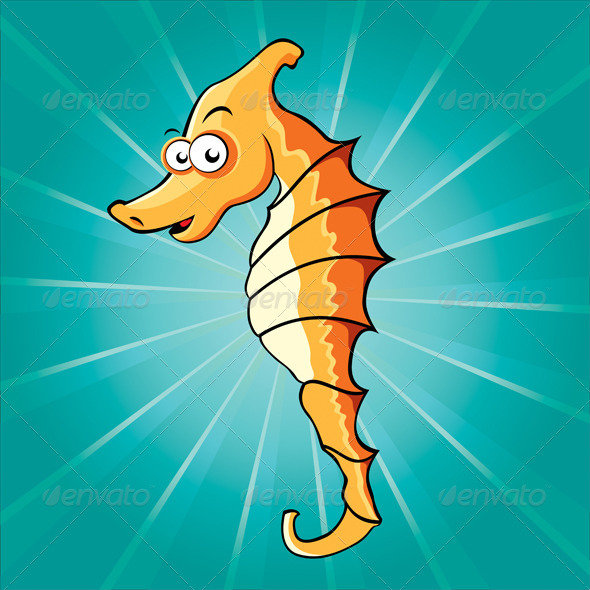Funny cartoon seahorse on the blue background