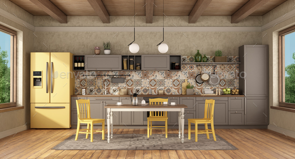 Vintage Kitchen With Dining Table And, Yellow Dining Table Chairs