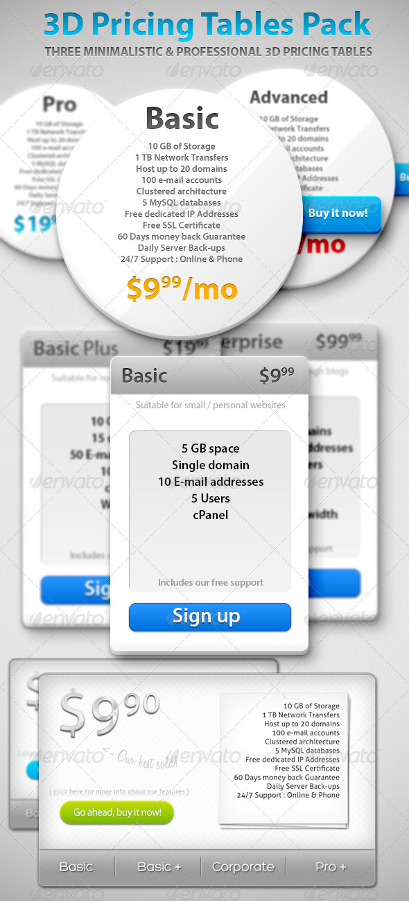 3D Pricing Tables Pack - Tables Web Elements