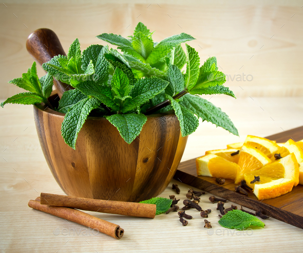 Mortar and pestle with mint.