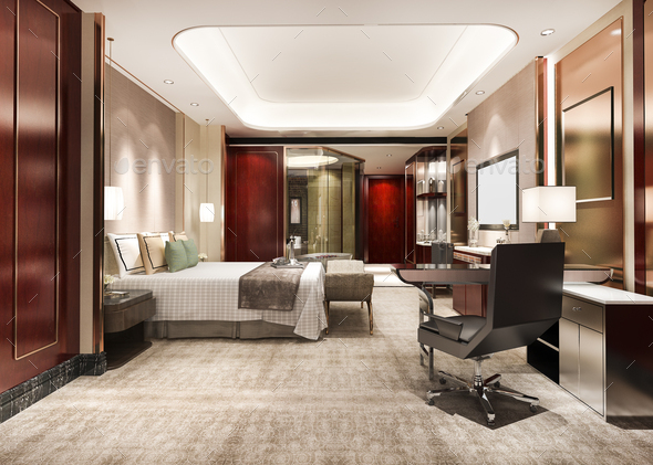 3d rendering red luxury bedroom suite in resort high rise hotel with working table