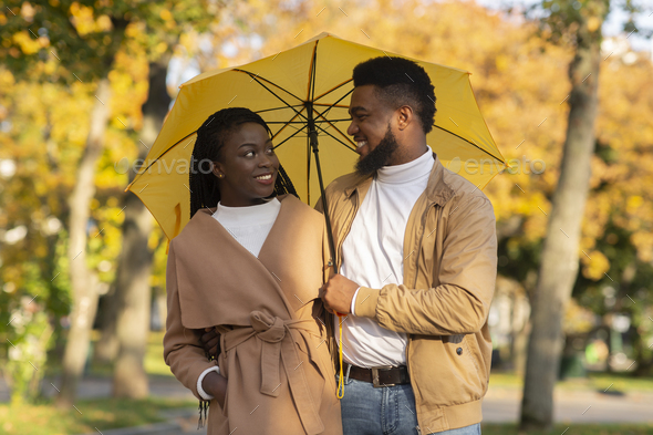 Portrait of loving black couple under umbrella in autumn park