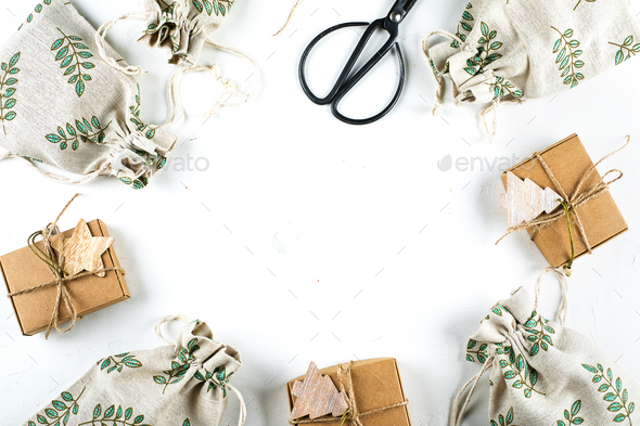 Gifts, Scissors & Wrapping Paper on White Background, Stock Image