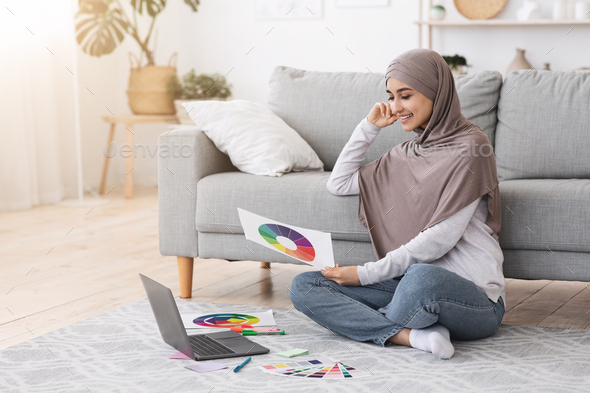 Online Design Courses. Arab Woman With Colour Gamma And Laptop At Home - Stock Photo - Images