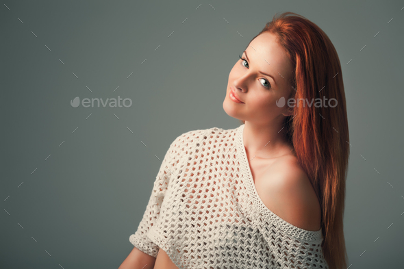 Gorgeous ginger woman on lilac background - Stock Photo - Images