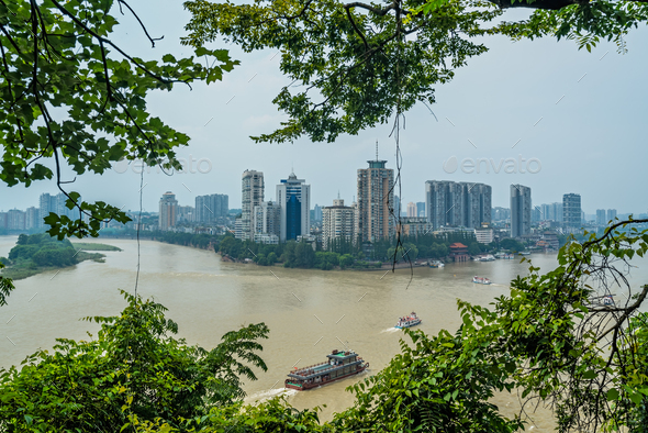 View of Leshan town in summer, China - Stock Photo - Images