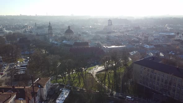Aerial Top View of Lviv, Ukraine, at Sunset