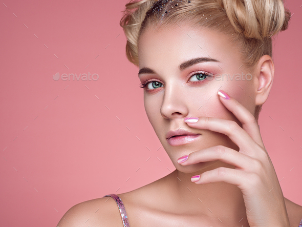 Blonde girl with elegant and shiny hairstyle - Stock Photo - Images