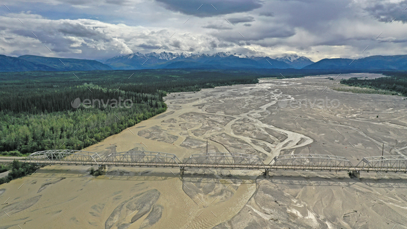 Aerial View over Big Delta River Junction and the Highway 2 Bridge Alaska - Stock Photo - Images