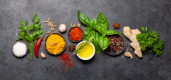 Various spices, herbs and condiments Stock Photo by karandaev | PhotoDune