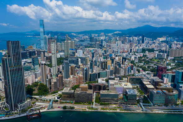 Kowloon side, Hong Kong 11 September 2019: Aerial view of Hong