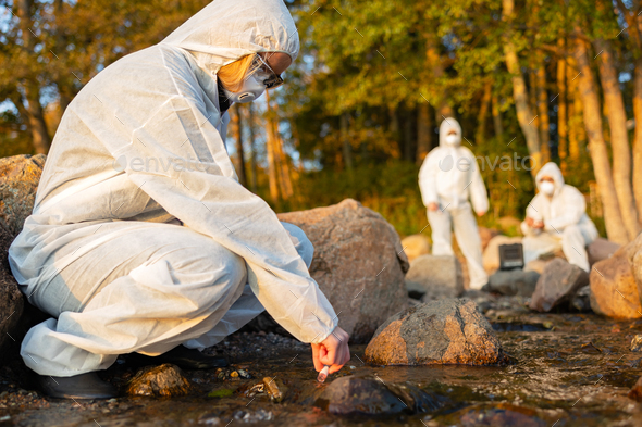Female scientist collecting water sample from sea - Stock Photo - Images