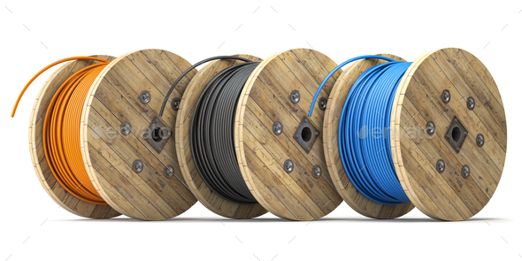 Wire electric cable on wooden coil or spool isolated on white background.  Stock Photo by maxxyustas
