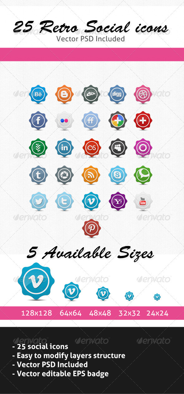 25 Retro Social Icons Badge/Label Pack - Web Icons