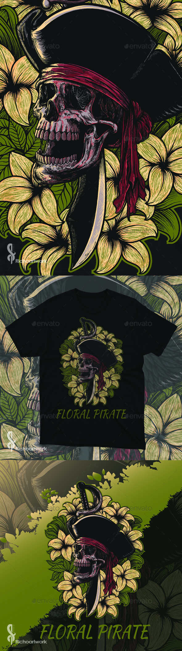 Floral Pirates T-Shirt Design llustration