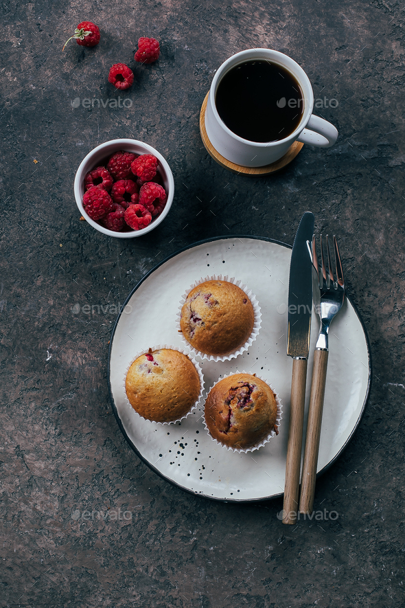 Cup Of Black Coffee And Raspberry Muffinf On Plate On Dark Concrete Table Background Top View Stock Photo By Anikona