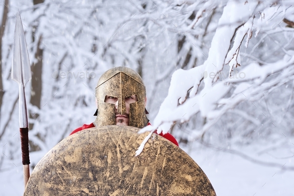 Brave spartan in winter forest looks in camera