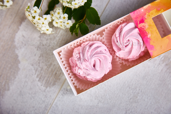 Gift box with homemade pink color marshmallows. - Stock Photo - Images