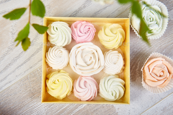 Gift box with homemade pastel multi color marshmallows. - Stock Photo - Images