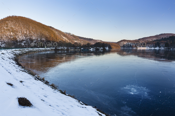 Frozen Lake Rursee At Rurberg, Germany - Stock Photo - Images