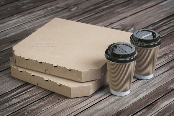 Pizza boxes and coffee plastic cups on vintage wooden planks. Fast food take away mock up.