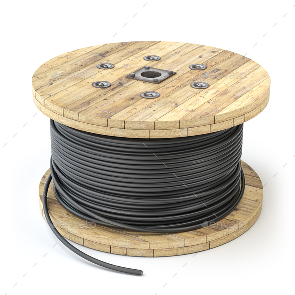 Wire electric cable on wooden coil or spool isolated on white background.  Stock Photo by maxxyustas