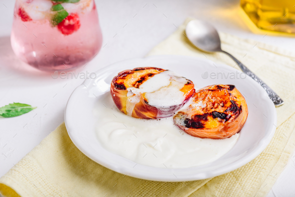 Oven Baked Peaches with Honey and Whipped Cream