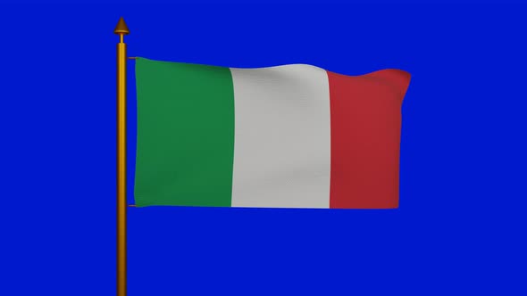 National flag of Italy waving with flagpole on chroma key, Italian flag or il Tricolore bandiera alt