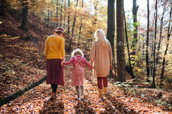 Rear view of small girl with mother and grandmother on a walk in autumn forest