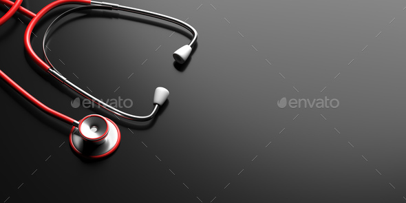 Stethoscope on black background. Health checkup cardio diagnosis concept.  3d illustration Stock Photo by rawf8