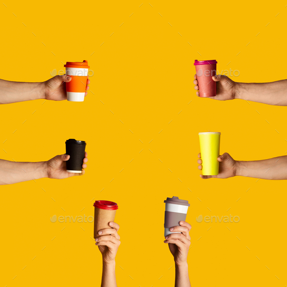 Male hands showing disposable and reusable cups with beverages on orange background, copy space