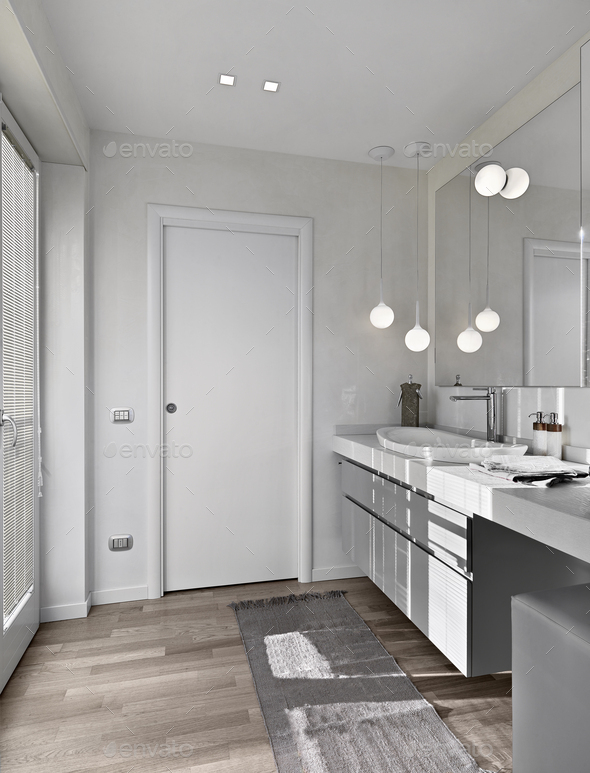 Modern Bathroom Interior with Wooden Floor Stock Photo by adpephoto