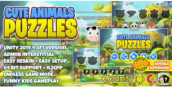 Cute Animal Puzzle Kids : Unity3D + Admob Ads + Easy Reskin