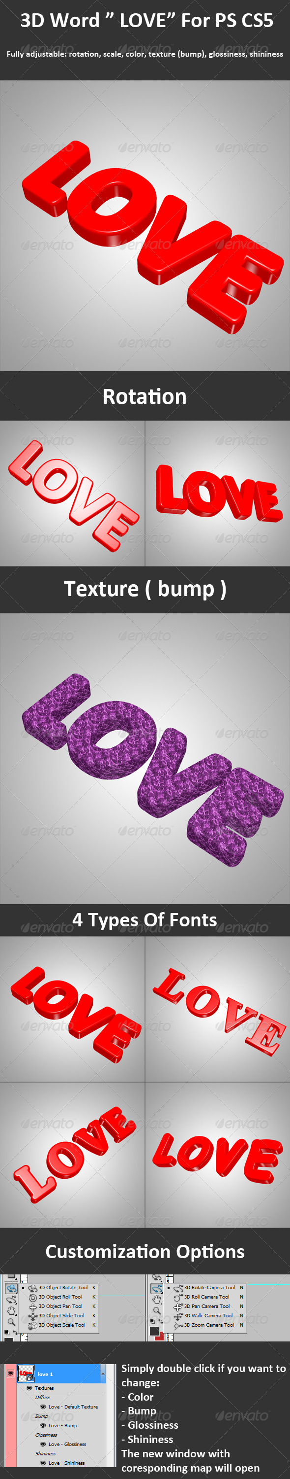 3D Word " LOVE " For PS CS5, Full 3D Options - Miscellaneous Isolated Objects