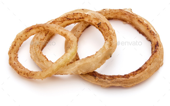 Delicious crispy fried onion rings isolated on white