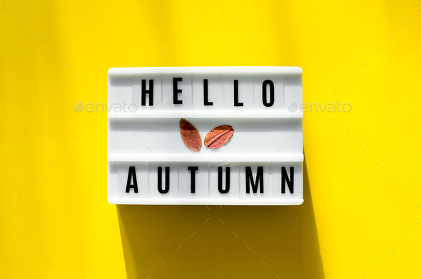 Light box the words Hello Autumn on yellow background. Colorful autumn fall leaf. Top view, flat lay, copy space
