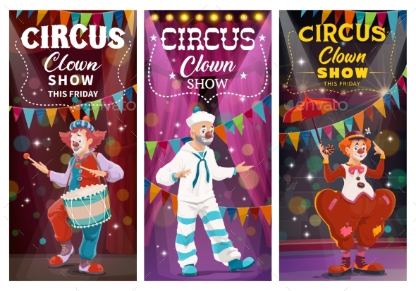Circus Clowns Comedy Show Cartoon Vector Banners by VectorTradition