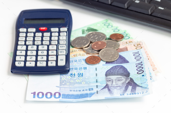 Different value South korean currency bill and coins