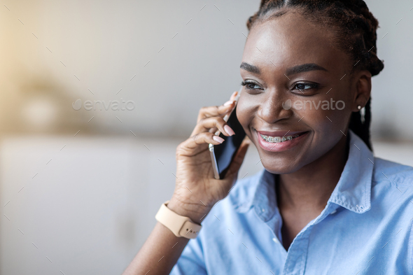Phone Call. Smiling African American Woman With Braces Talking On Cellphone, Having Pleasant Converstion, Closeup Image With Copy Space