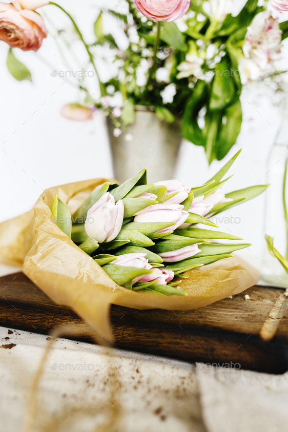 Tulip bouquet on chopping board
