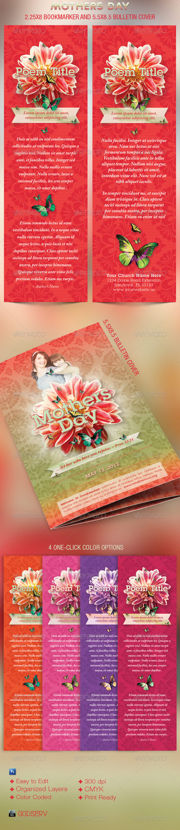 Mothers Day Church Bookmarker Plus Bulletin Cover - Miscellaneous Print Templates