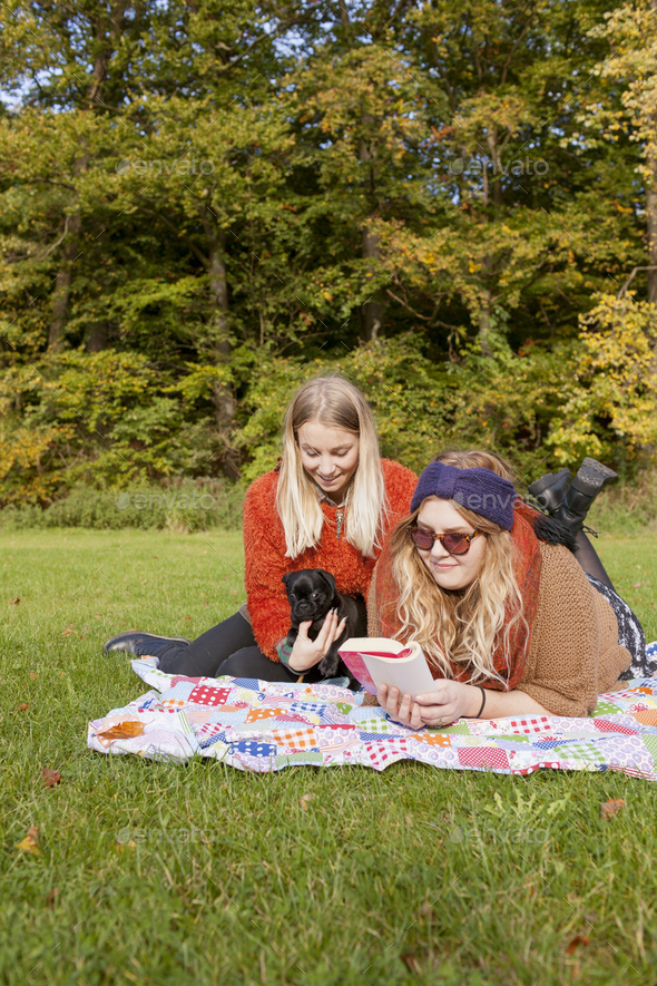 Young woman with puppy sitting by friend reading book on picnic blanket at forest