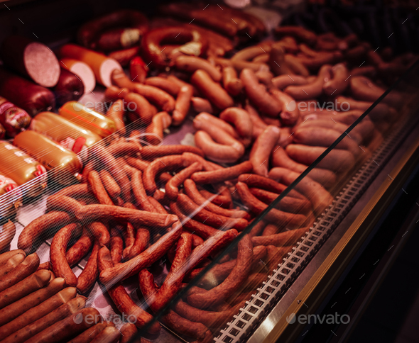 Many types of sausage products in the store