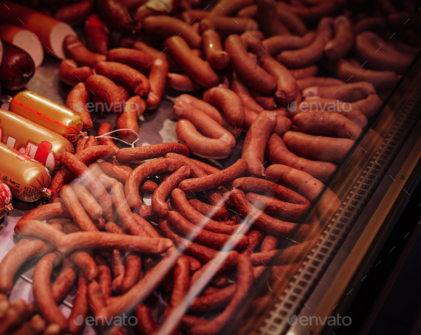 Many types of sausage products in the store
